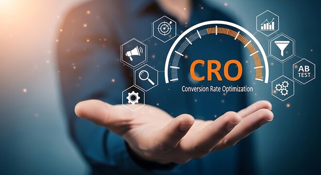 Person's open palm displaying a glowing cro meter and for conversion rate optimization, a/b testing, and marketing strategy.keywords: cro