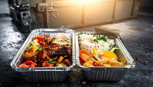 Two foil trays containing savory meals with rice, grilled meat, vegetables and eggs, representing portable emergency rations for survival situations and outdoor adventure needs.