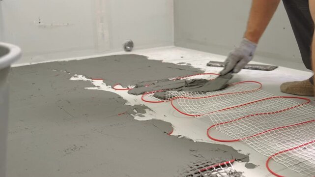 Electric Heating Mat Installing in the Tile Adhesive. Underfloor Dual Core Fiberglass Mesh Mat. Warm Floor Heating System. Warming. Worker Applying Concrete Mortar for Warm Floor. Renovation work. 4K