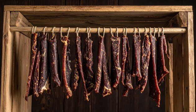 Strips of homemade wild venison jerky hanging to dry on a wooden rack, showcasing the traditional preservation process of curing artisanal game meat snacks for healthy high protein eating.