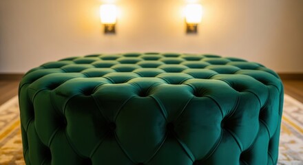 Fototapeta premium Close-up of a deep emerald green velvet tufted ottoman with soft, luxurious upholstery