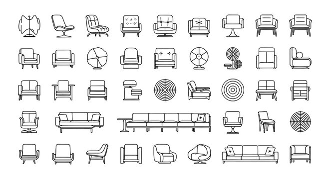 Comprehensive collection of architectural furniture CAD blocks for interior design floor plans featuring sofa and couch vector icons and 2D CAD technical blueprint