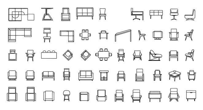 Architectural Furniture CAD Block Library for Floor Plans with Sofa and Couch Icons, AutoCAD 2D Vector for Interior Design, Planning, and Technical Blueprint Projects.