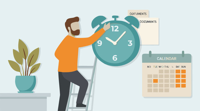 Man organizing time and tasks with wall clock and calendar concept
