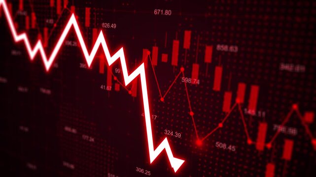 Descending trading graph and downward arrows showing financial crisis, economic recession, stock market losses. Bankrupt financial information concept with arrows pointing down