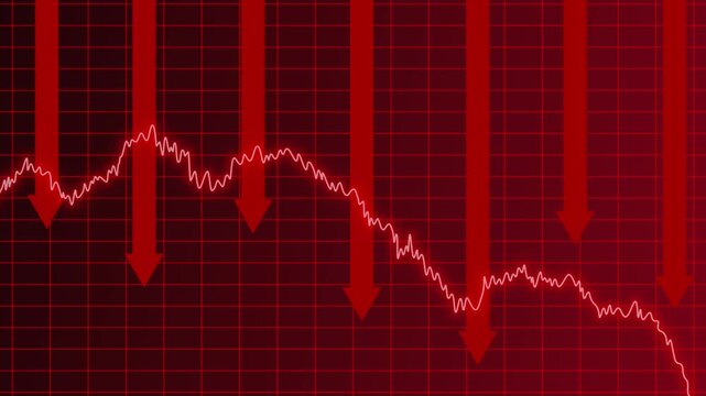 The arrow is pointing downwards as the line chart falls red tone background, concept crisis financial business market graph table, and economic crash recession display, global stock down