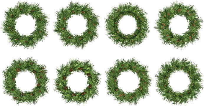 Eight green pine needle wreaths with brown pine cones on white background