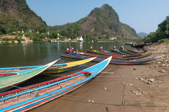 Landscape of Moei river and boat in Tak Province between Thailand and Myanmar border, Boats on the river.