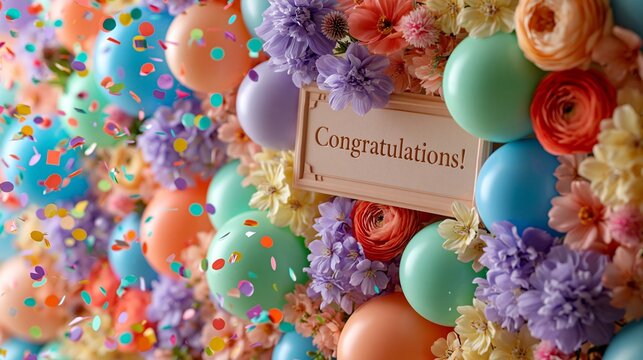 Bunte Luftballons und Blumen umrahmen ein Schild mit der Aufschrift &bdquo;Congratulations!" auf einem festlichen Hintergrund