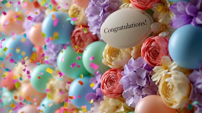 Bunte Luftballons und Blumen umrahmen ein Schild mit der Aufschrift &bdquo;Congratulations!" auf einem festlichen Hintergrund