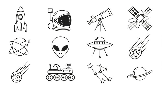 Space exploration icons collection rocket astronaut alien UFO satellite.