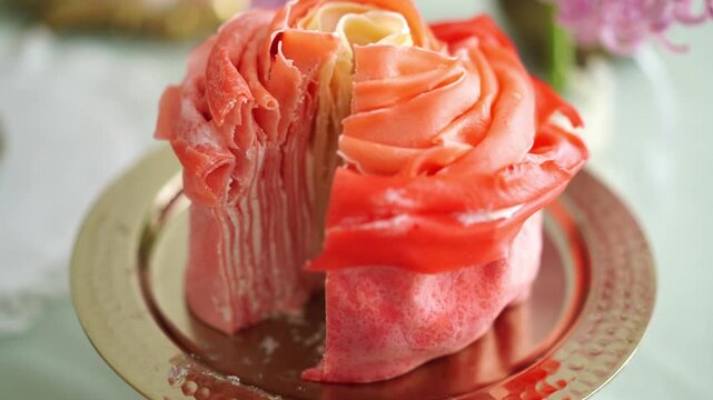 Rose-shaped crepe cake with pink flowers in background, elegant dessert presentation, gourmet pastry design for culinary magazines, food blogs, romantic dining scenes, special occasion decorations