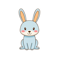 Obraz premium Adorable light blue cartoon rabbit with long ears and rosy cheeks, sitting and looking forward with a friendly expression, isolated on a white background