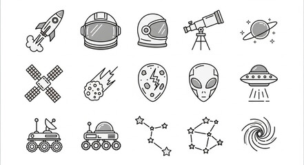 Space Exploration Icons Rocket Astronaut Helmet Telescope Planet. © Box
