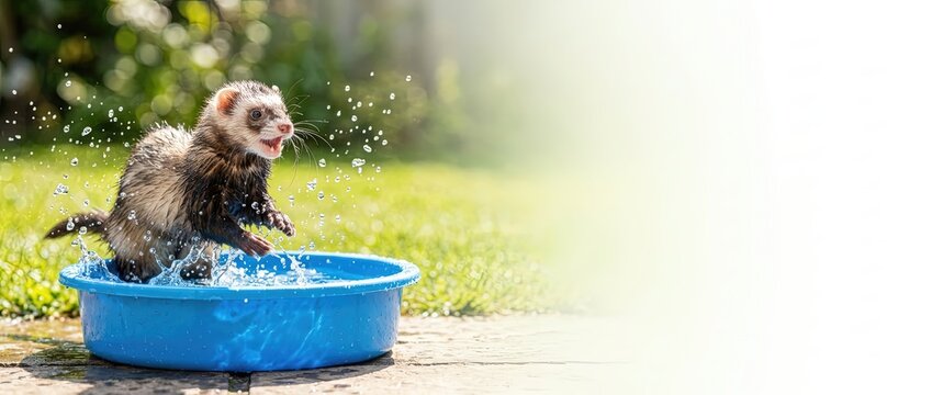 Playful ferret splashes joyfully in blue water bowl sunny backyard animal photography fun environment close-up viewpoint vibrant concept