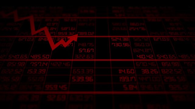 Stock market quotes with downtrend graph indicating financial recession, economic crisis, and declining investment index