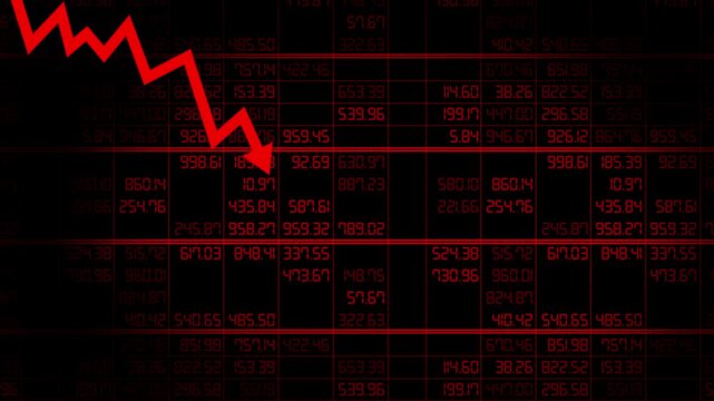 Display of red electronic board showing stock market quotes with downtrend graph indicating financial recession, economic crisis, and declining investment index
