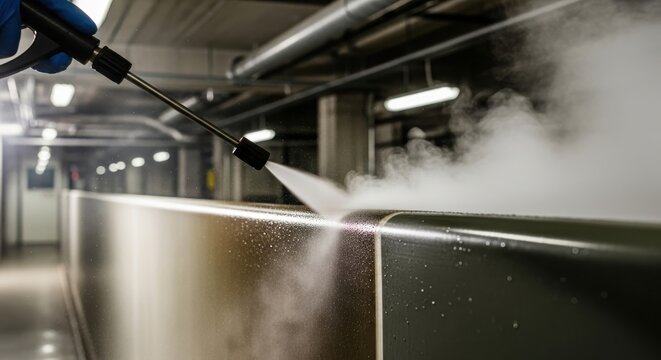 Industrial steam wand powerfully blasts stubborn grime from a metallic surface in a factory setting