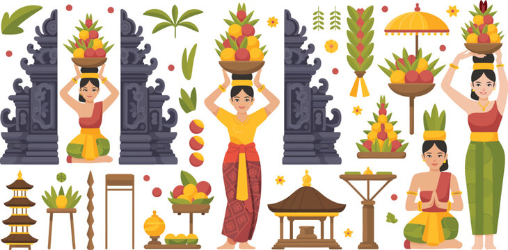 Balinese women carrying traditional offerings with temple gates and ceremonial decorations, colorful flat illustration representing Bali culture, Hindu ceremony, and cultural heritage design projects.