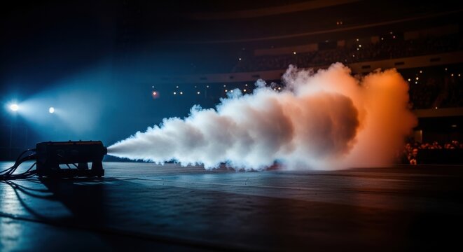 Powerful smoke machine creating dramatic ethereal tendrils of fog across a dark, illuminated stage for an unforgettable live performance.