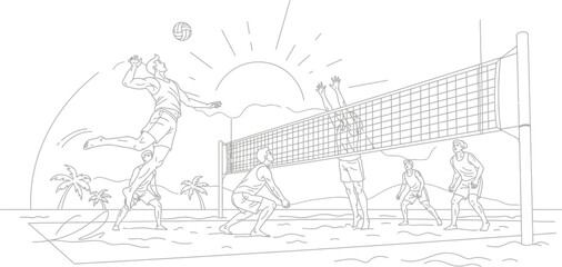 Obraz premium Athletic men playing beach volleyball near the ocean with palm trees under a setting sun creating a vibrant summer scene.