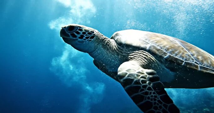 A serene sea turtle gliding through vibrant coral reefs in a clear blue ocean environment