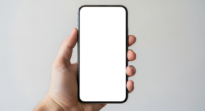 Smart phone with blank screen held in hand mockup design template against neutral gray studio wall.