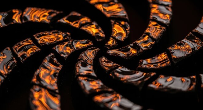 Obsidian shards reflecting firelight in a mesmerizing abstract swirl, showcasing intense fiery patterns and geological beauty