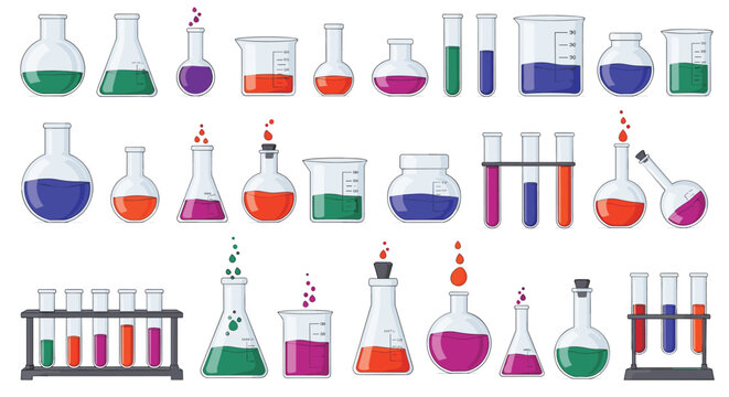 Large set of colorful laboratory glassware including beakers, flasks, and test tubes filled with various chemical liquids.
