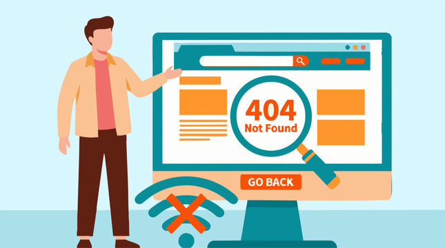 Man pointing at computer monitor showing 404 Not Found error and no Wi-Fi