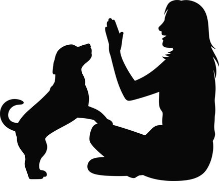 Woman training dog silhouette illustration, pet obedience interaction vector design simple black graphic concept