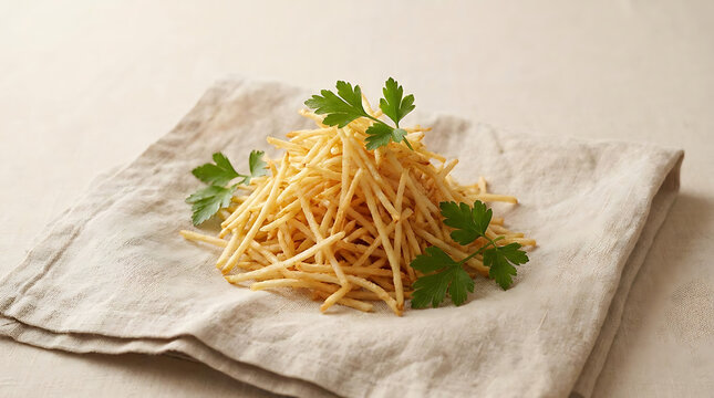 Golden julienne fries piled high on linen with fresh parsley garnish