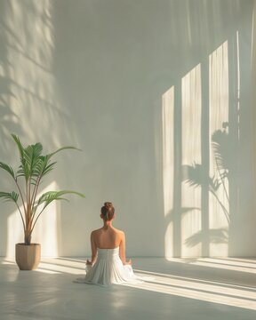 Woman meditating in bright minimalist room with plant shadows. AI-generated.