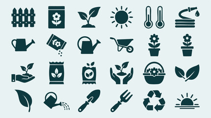 Gardening icons set with tools, plants, nature, and elements © ObStock