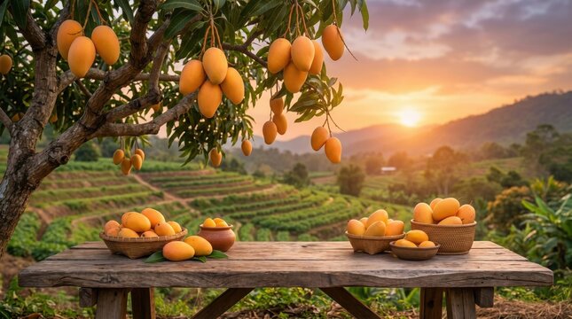 Fresh ripe mangoes hanging on a tree in a lush orchard at sunset with baskets of harvested fruit on a table