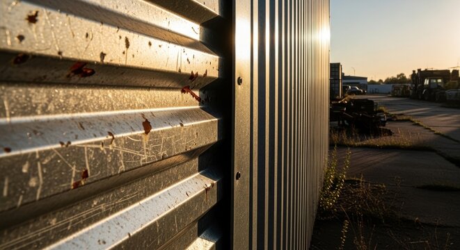 Close-up of weathered corrugated metal sheeting with rust stains, showcasing industrial texture and architectural detail at sunset.
