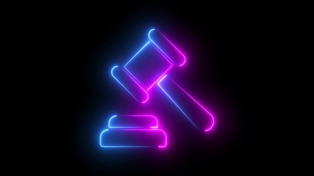 Neon judge gavel glowing with vibrant blue and purple light on black background