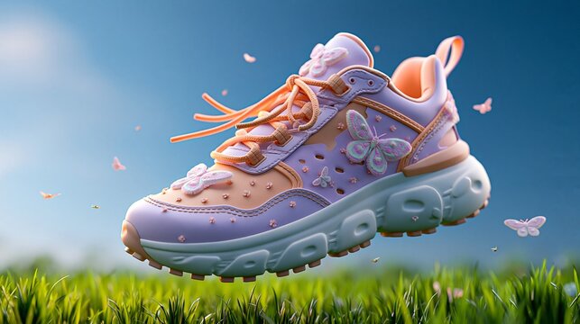 Ein futuristischer Sneaker in Rosa und Lila schwebt &uuml;ber einer gr&uuml;nen Wiese vor blauem Himmel mit kleinen Schmetterlingen