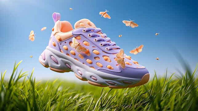 Ein futuristischer Sneaker in Rosa und Lila schwebt &uuml;ber einer gr&uuml;nen Wiese vor blauem Himmel mit kleinen Schmetterlingen