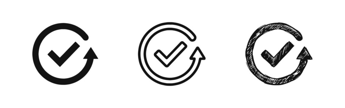Update and success checkmark icon set, completion and verification concept