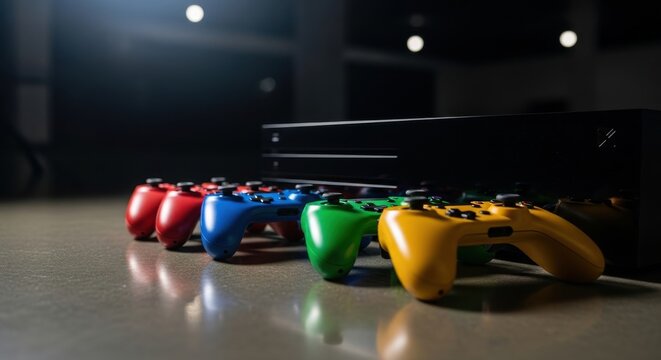 Row of vibrant colored gaming controllers lined up in front of a black console