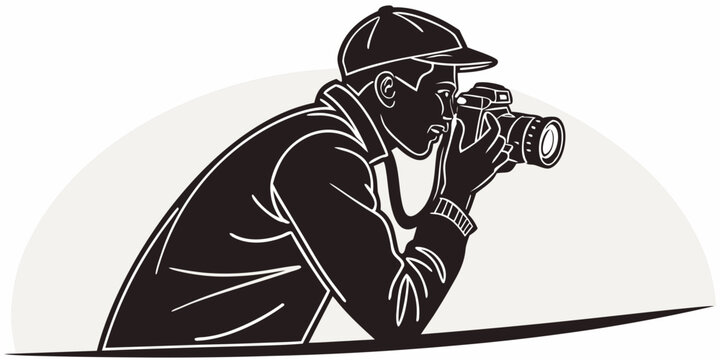 Detailed silhouette of a photographer wearing a baseball cap holding a camera to his eye profile view vector illustration photographer silhouette shooting photography professional portrait