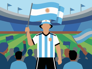 Argentinian Football Fan Waving Flag in Stadium Crowd © ObStock