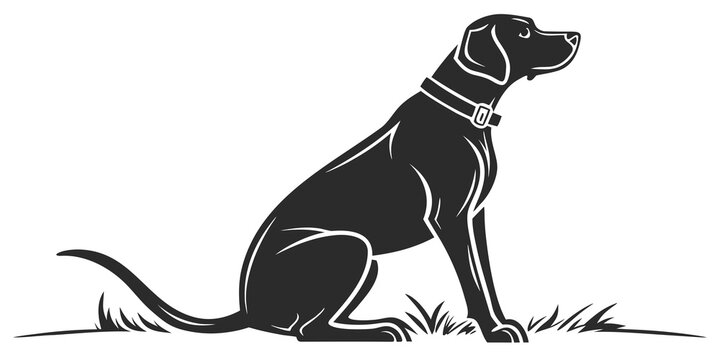 Black silhouette of a dog wearing a collar sitting in grass with a focused expression side view hunting dog black and white working dog guard dog animal portrait silhouette domestic obedient