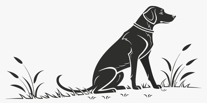 Black silhouette of a labrador retriever dog sitting in tall grass profile view hunting dog black and white working dog guard dog animal portrait silhouette domestic retriever obedient
