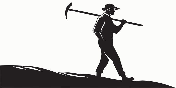 Silhouette man carrying a pickaxe on his shoulder with line art hard work manual labor silhouette carrying shoulder equipment illustration landscape movement industry occupation excavation