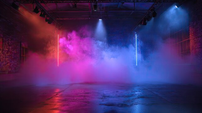 Abstract stage with colored smoke and illuminated light beams