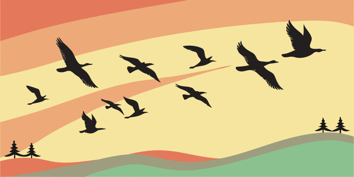 Flock of birds migrating in silhouette over a stylized landscape at sunset with silhouette migration landscape abstract background wildlife movement peaceful overhead atmosphere outgoing