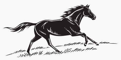Black silhouette of a running horse with detailed mane and tail on a grassy ground against a white background digital art silhouette graceful athletic movement galloping creature livestock © Aaaa