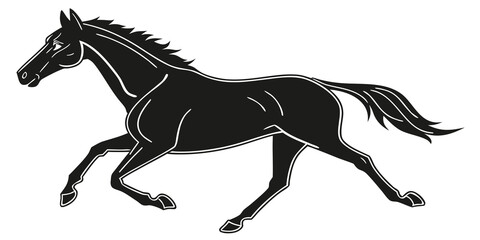 Clean black silhouette of a running horse with a stylized mane and tail shown in profile on a white background digital art silhouette graceful athletic movement galloping creature livestock © Aaaa